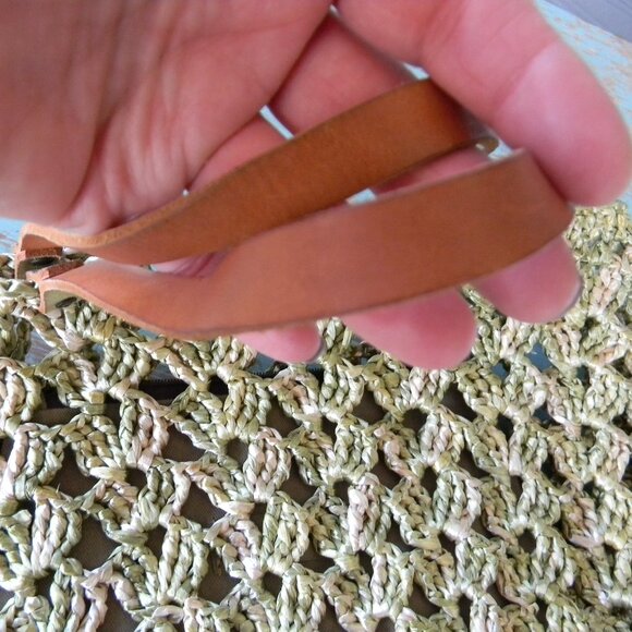 Gabriela Vlad GREEN/TAN WICKER STRAW BUCKET BAG SUMMER BOHO LEATHER TRIM - Picture 2 of 9